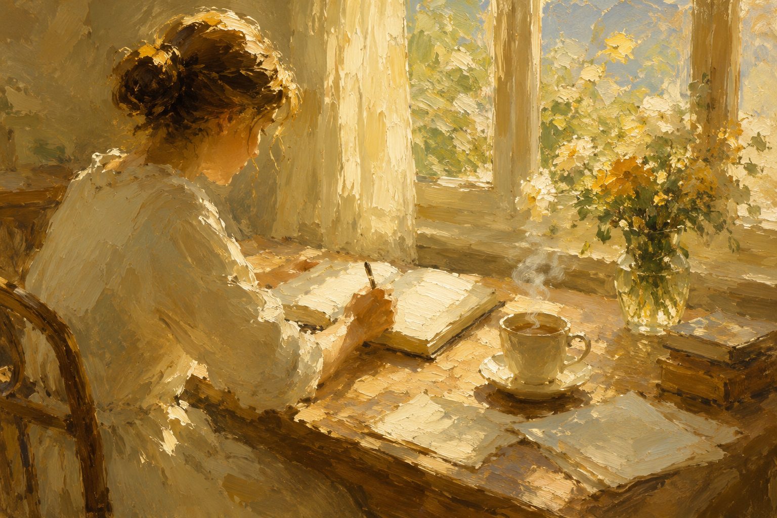 Pintura impresionista de alguien escribiendo en un diario junto a la ventana, ilustracion del test de los 5 grandes rasgos de personalidad Big Five