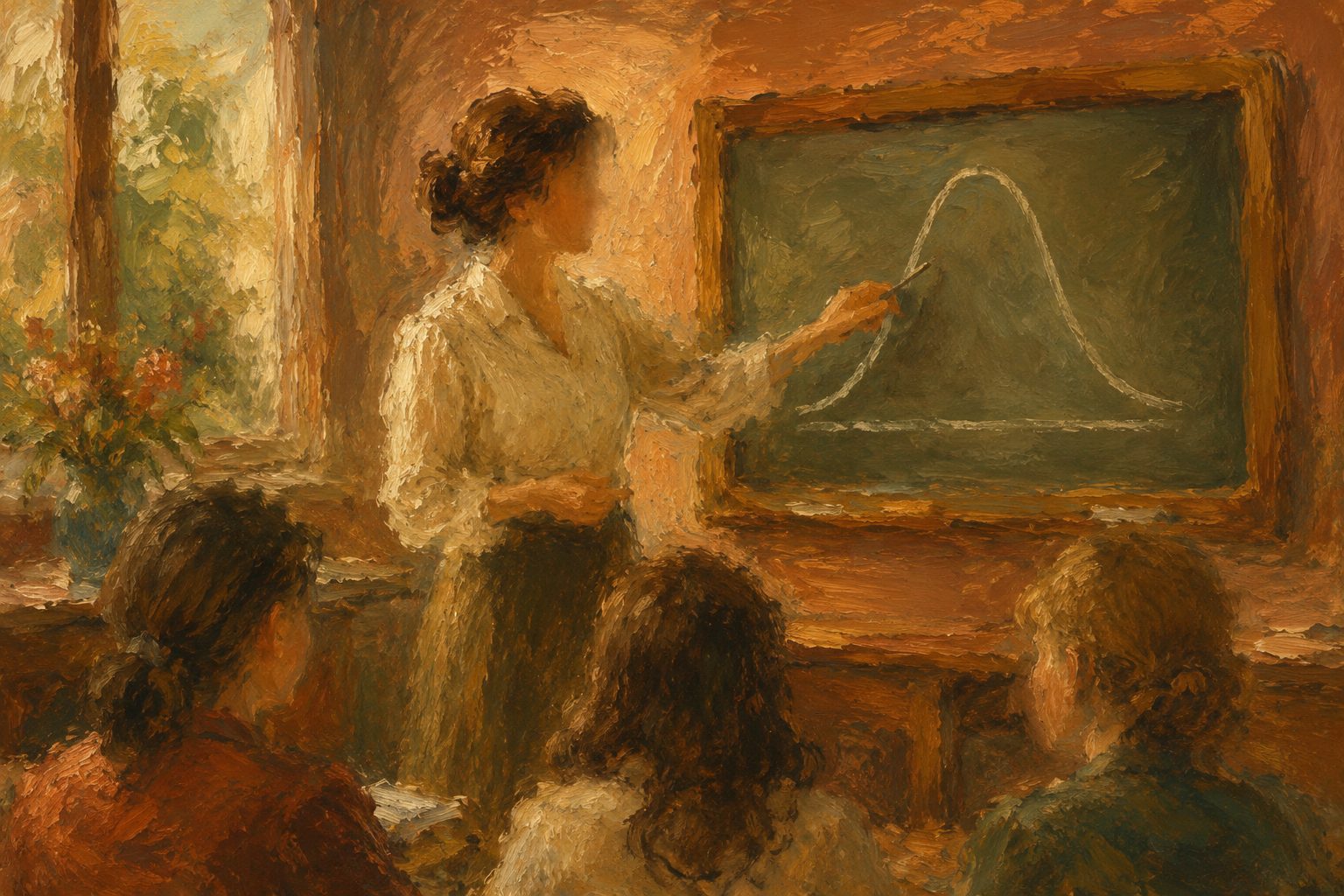 Pintura impresionista de una profesora senalando una curva en la pizarra, ilustracion sobre como evaluar el coeficiente intelectual