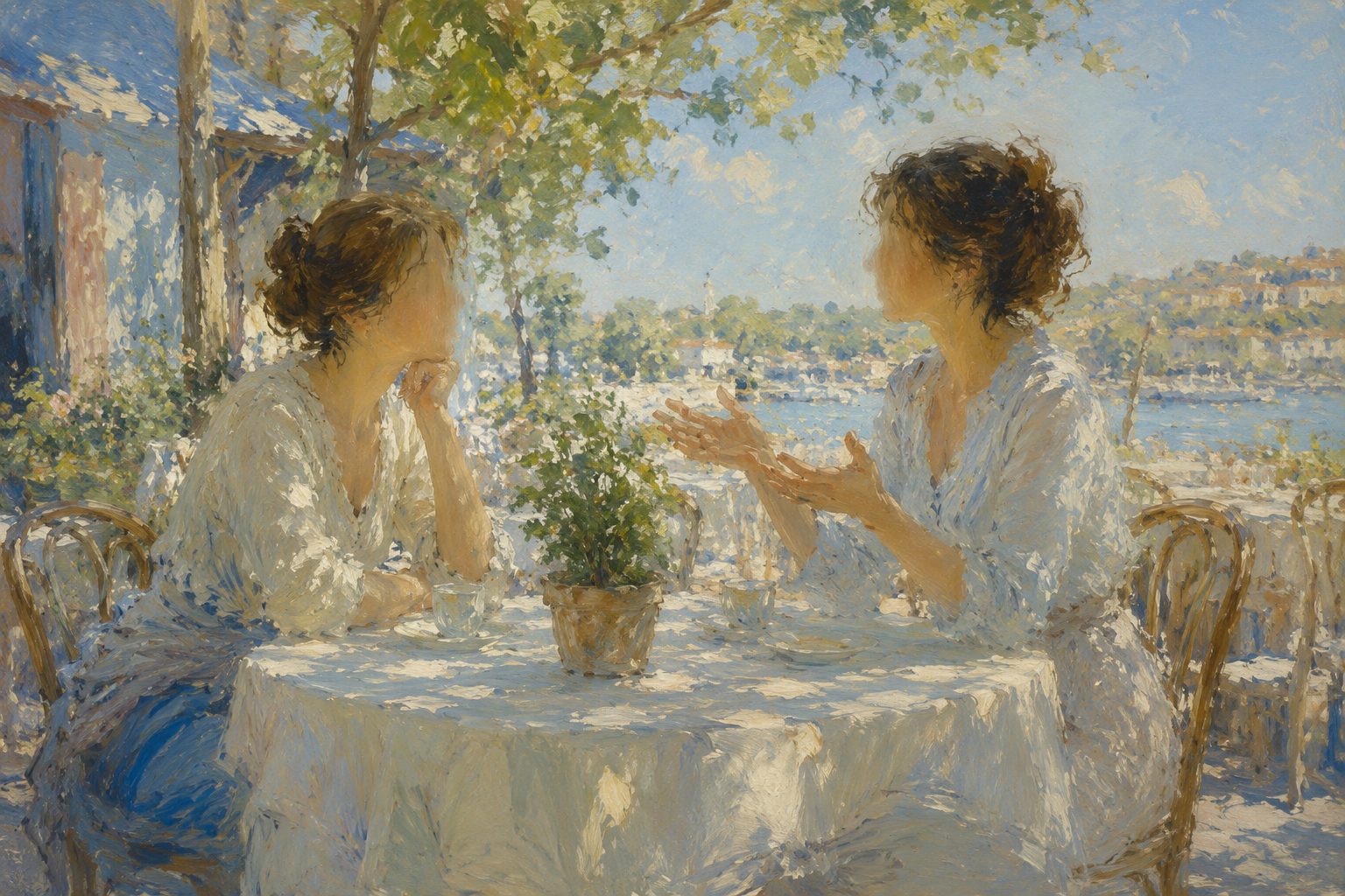 Pintura impresionista de dos amigas conversando con calma en un cafe, ilustracion sobre como poner limites