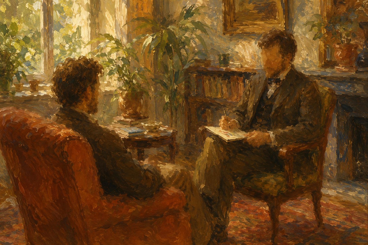 Pintura impresionista de una consulta psicologica calida, ilustracion de como se evalua la personalidad