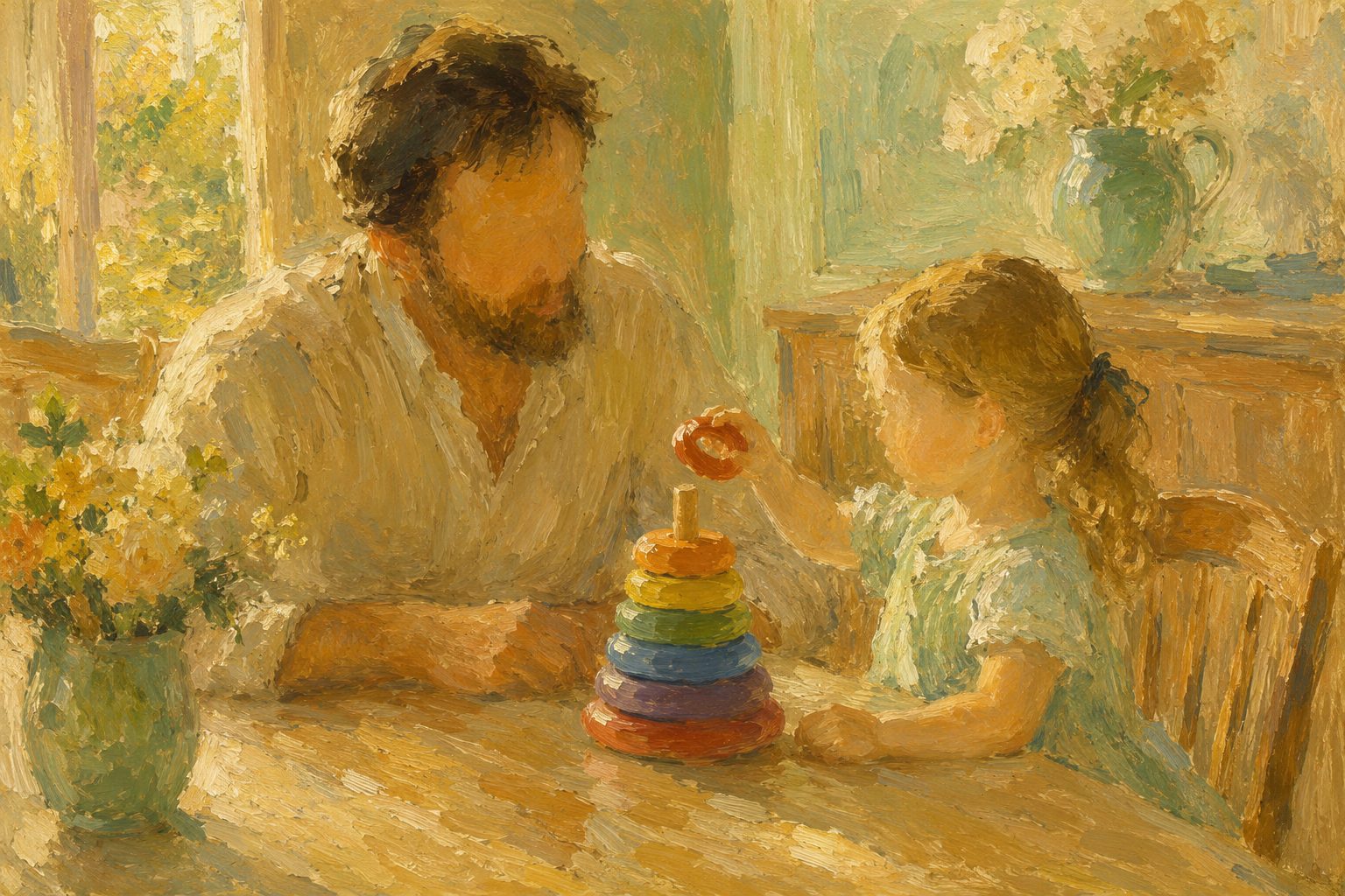 Pintura impresionista de un padre e hija apilando aros de colores, ilustracion sobre como se mide la inteligencia en los ninos