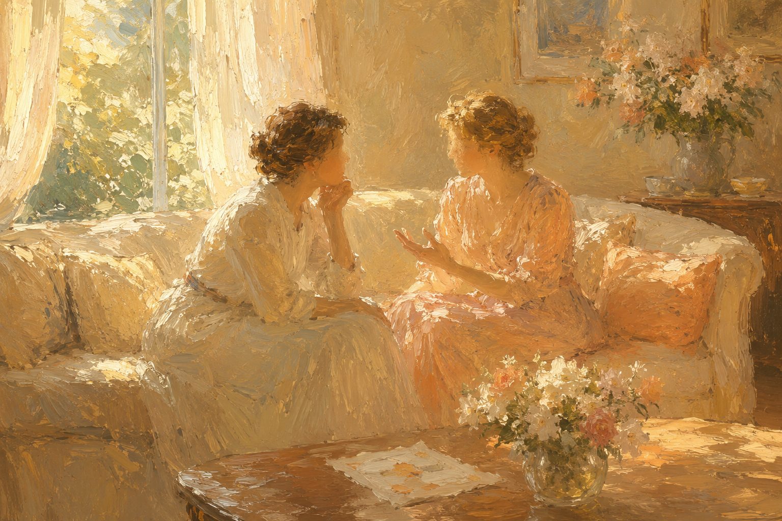 Pintura impresionista de dos personas conversando con calidez, ilustracion sobre como apoyar a alguien con trastorno de personalidad