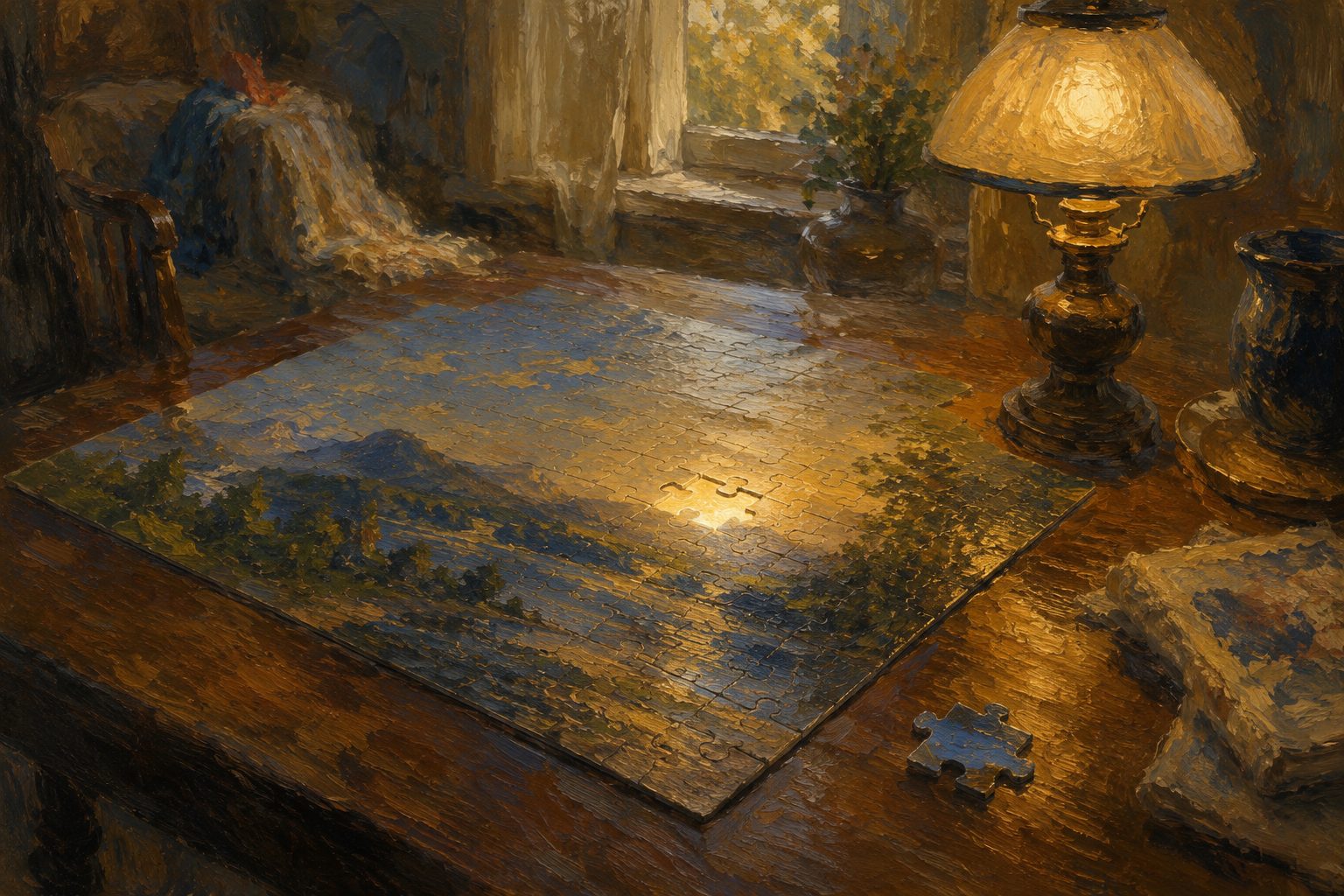 Pintura impresionista de un rompecabezas casi completo bajo luz cálida, ilustración sobre el deterioro cognitivo