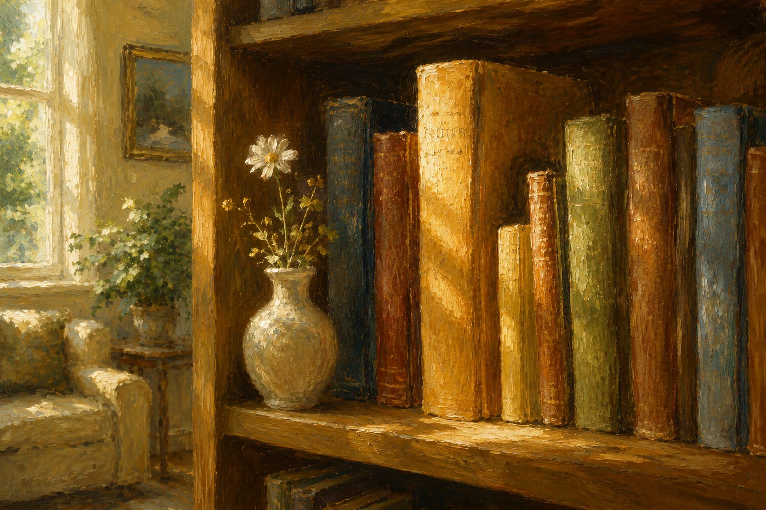 Pintura impresionista de libros de alturas distintas iluminados por igual, sobre discapacidad intelectual y altas capacidades