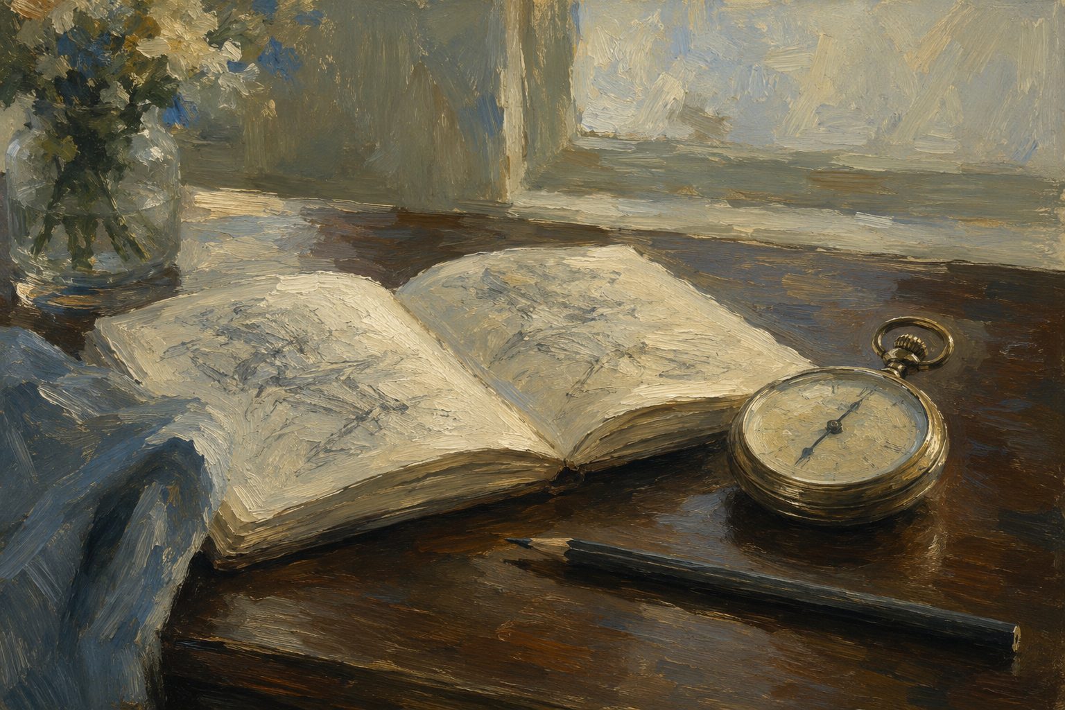 Pintura impresionista de un cronometro y cuaderno de ejercicios, ilustracion de ejercicios de velocidad de procesamiento en PDF