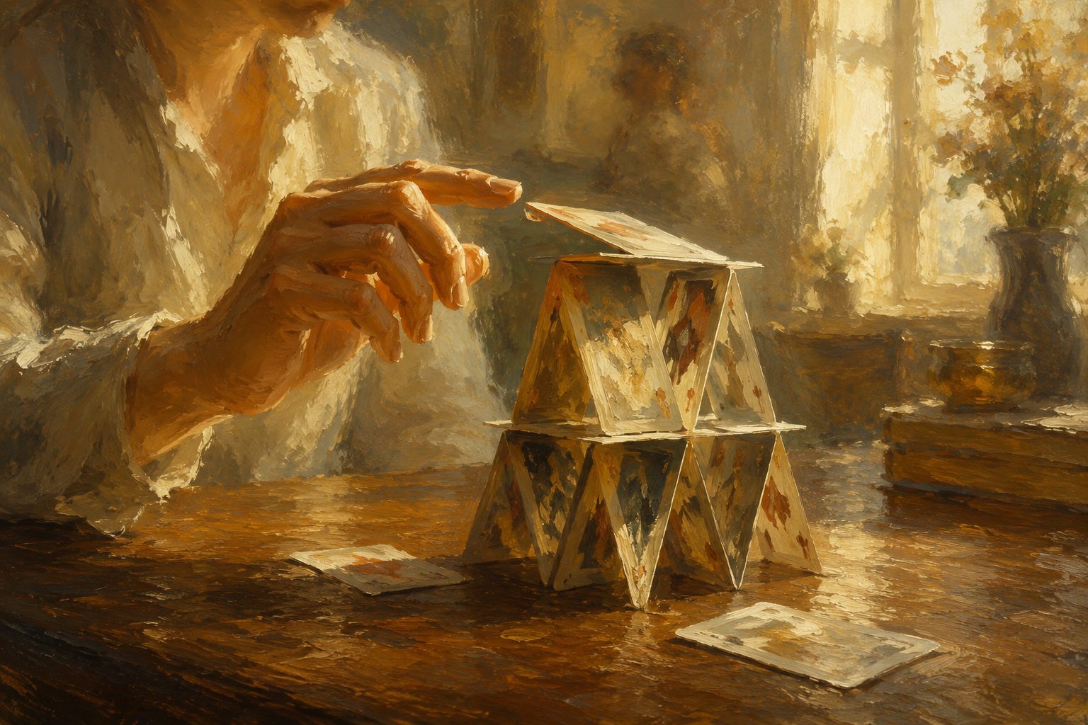 Pintura impresionista de una casa de naipes en equilibrio, sobre la evaluacion del control de los impulsos