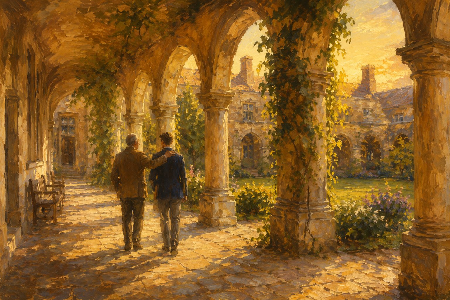 Dos colegas conversando en un patio de arcos al atardecer, sobre la evaluacion clinica de la psicosis y el test ITA