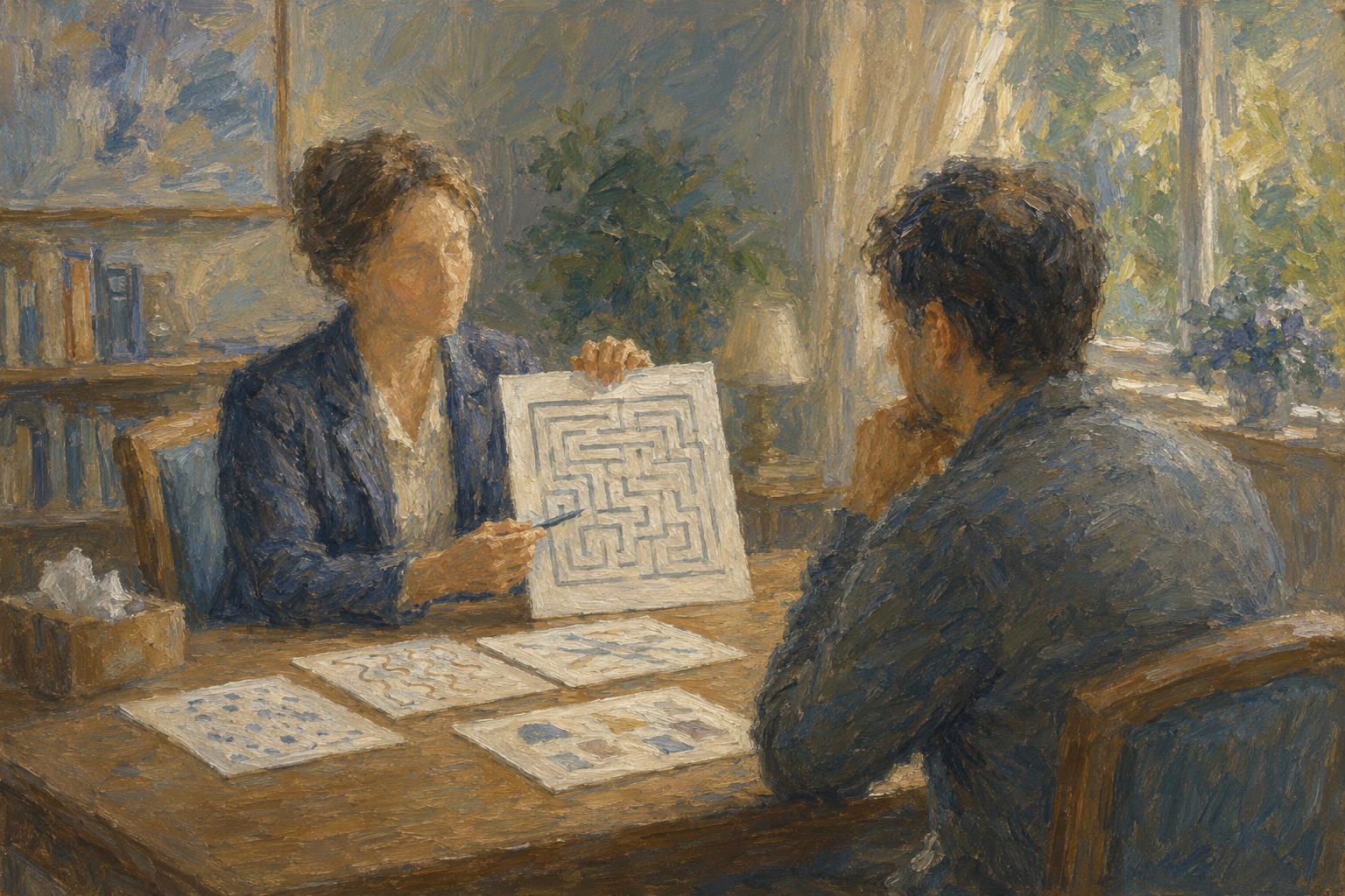 Pintura impresionista de una consulta neuropsicologica, ilustracion sobre que es la evaluacion neuropsicologica