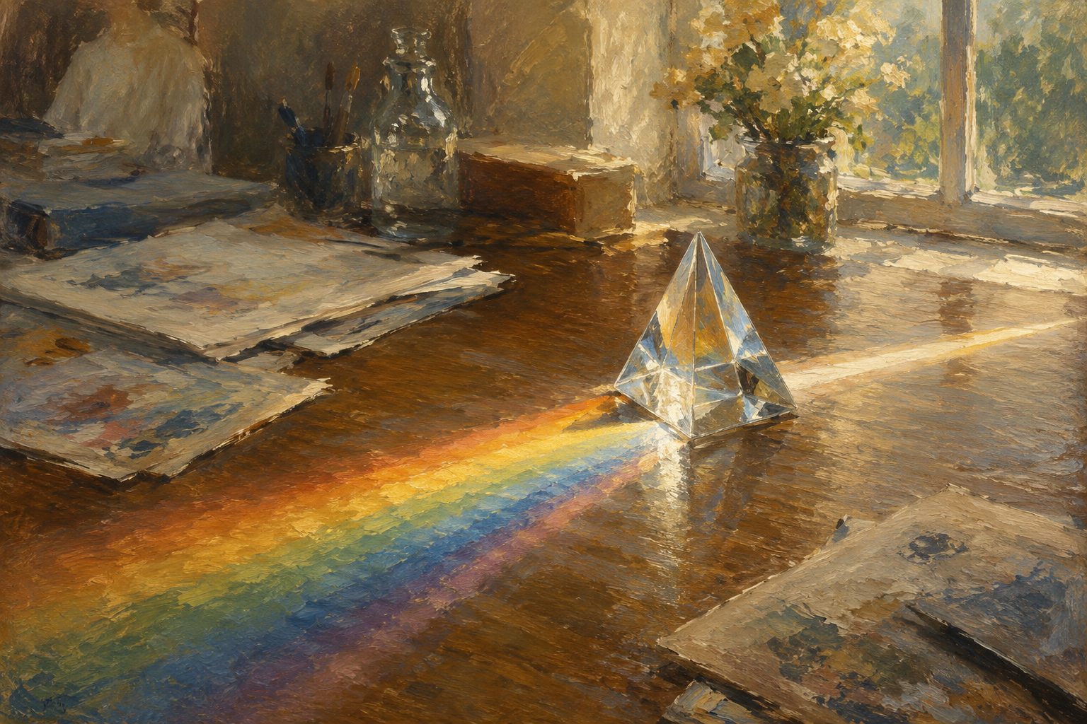 Pintura impresionista de un prisma dividiendo la luz en bandas de color, sobre la evaluación de la psicosis y la escala PANSS
