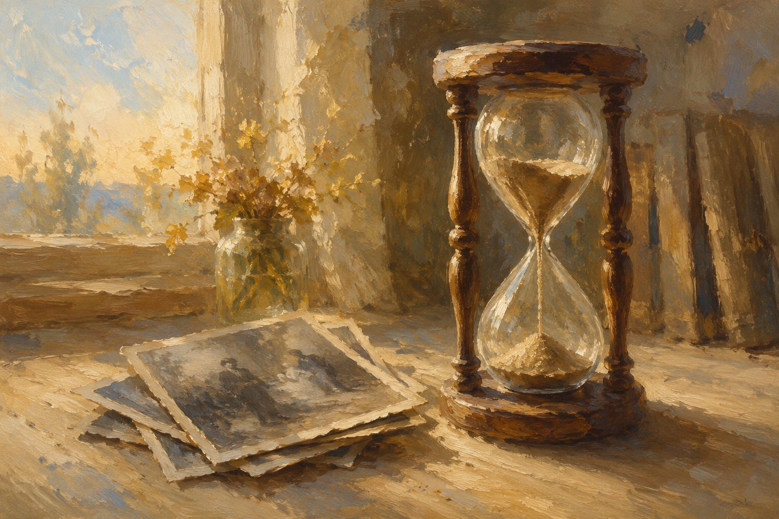 Reloj de arena y fotografías antiguas en pintura impresionista, alusión a cómo evaluar el deterioro cognitivo