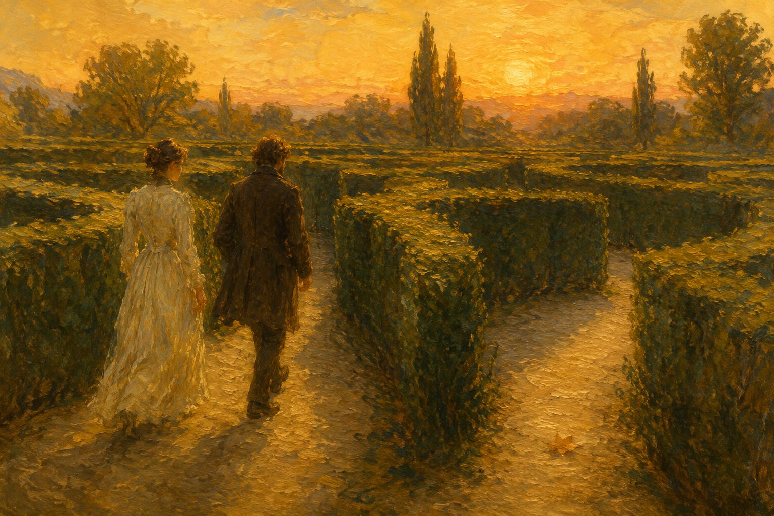 Pintura impresionista de dos personas en un jardin laberintico, sobre como evaluar ideas delirantes