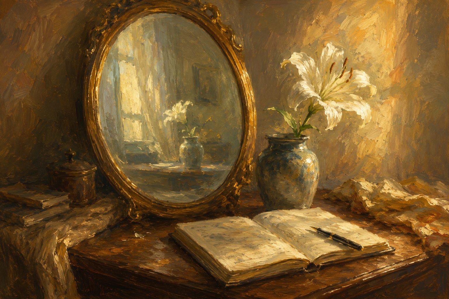 Espejo antiguo reflejando luz suave en un escritorio, pintura impresionista sobre como evaluar a una persona narcisista