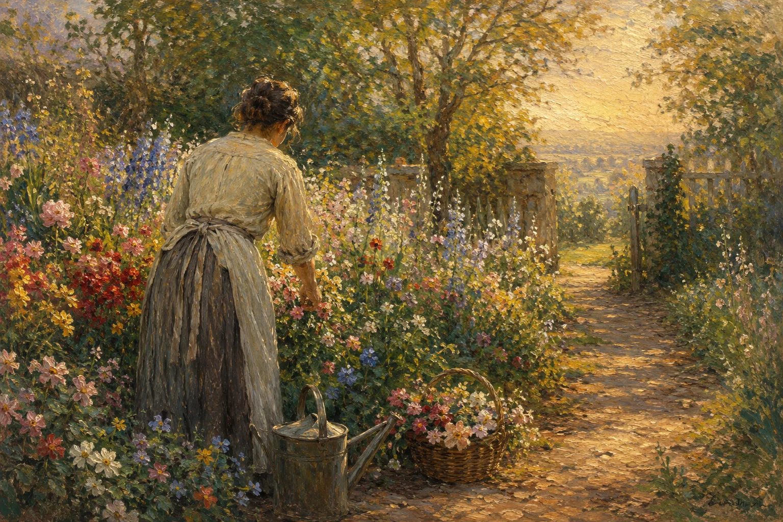 Pintura impresionista de un jardín floreciente al amanecer, metáfora de la inteligencia emocional y su desarrollo
