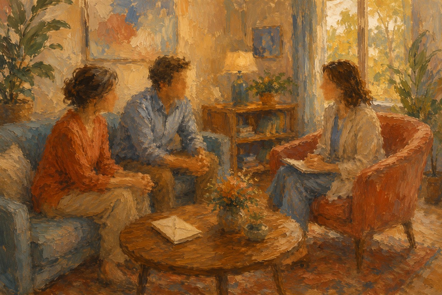 Pintura impresionista de una psicologa conversando con padres, ilustracion sobre la intervencion con padres de un nino con bullying