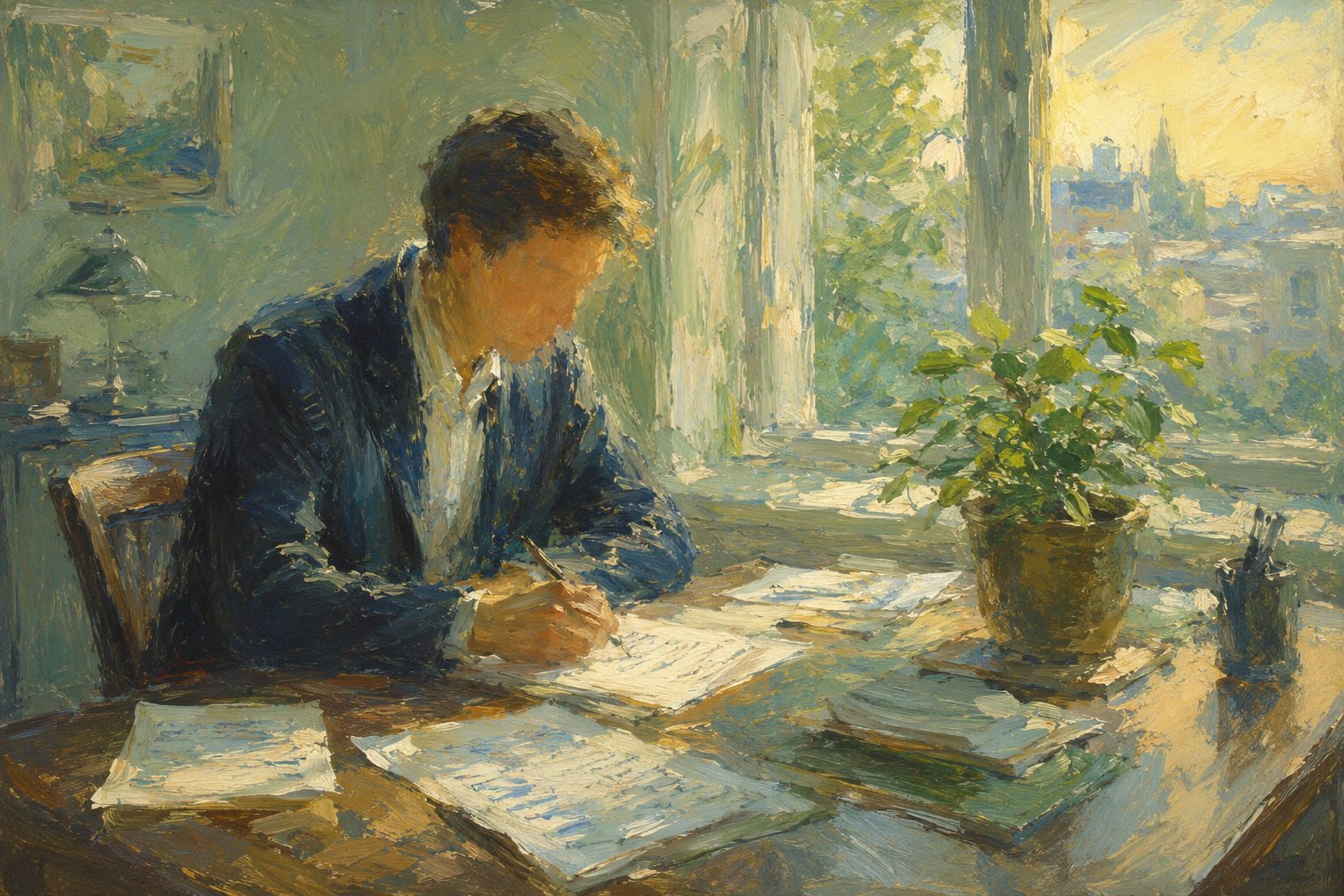 Pintura impresionista de una persona completando un cuestionario en su escritorio, ilustracion del test Maslach Burnout Inventory