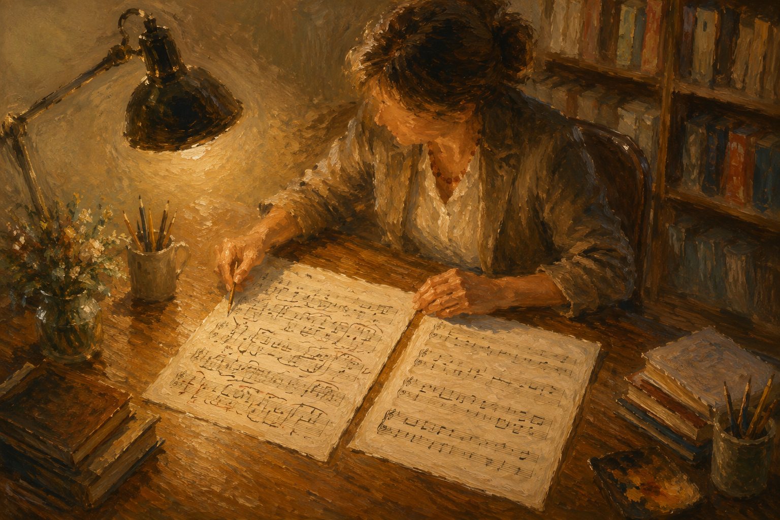 Pintura impresionista de dos partituras comparadas en un escritorio, ilustracion de las escalas PSYRATS y PANSS