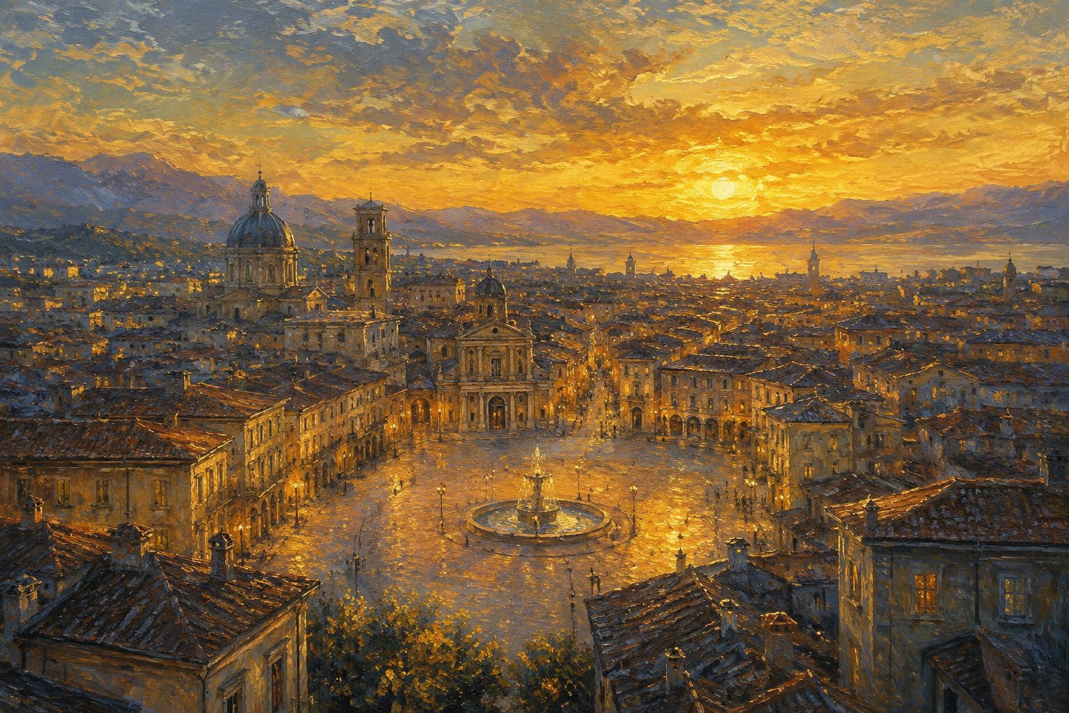 Pintura impresionista de una ciudad con calles convergiendo en una plaza, ilustracion sobre que son las funciones ejecutivas