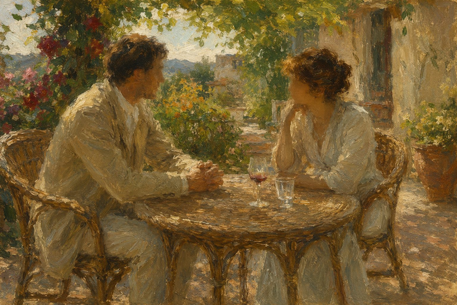 Pintura impresionista de una conversación serena al aire libre, ilustración del Test AUDIT sobre consumo de alcohol