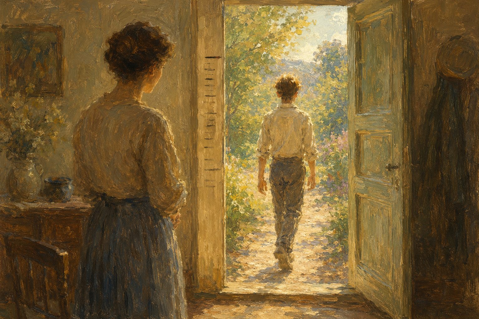 Pintura impresionista de un adolescente cruzando un umbral hacia un jardin, tests de autoestima por edades
