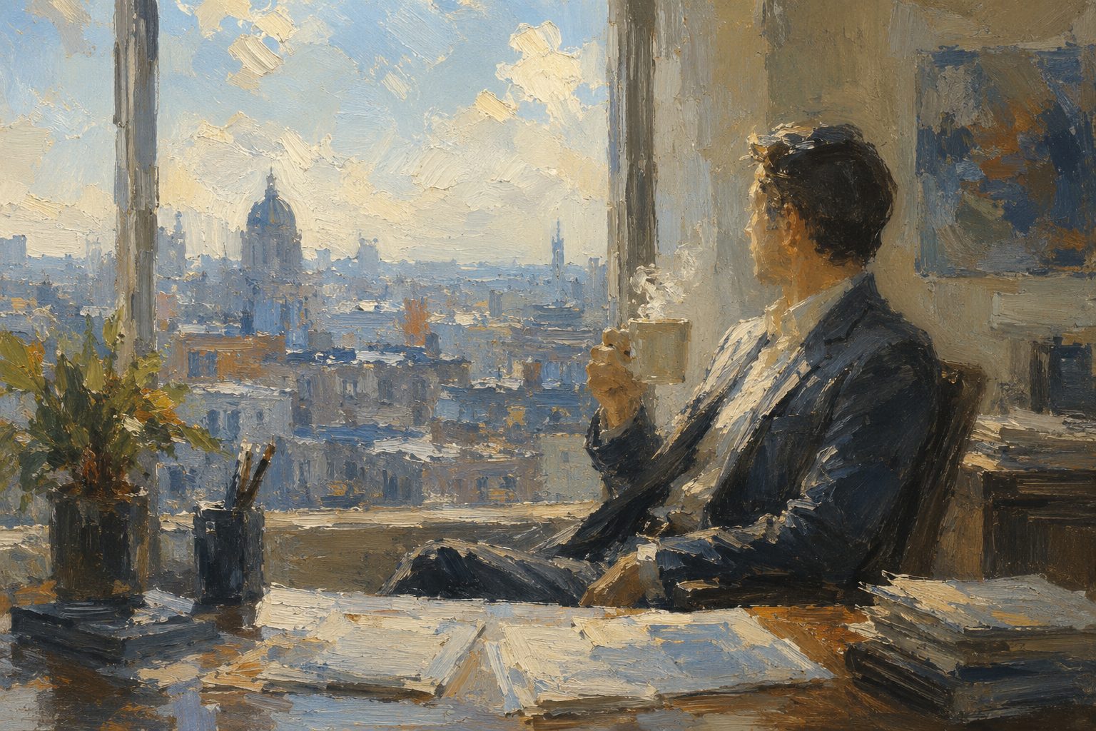 Pintura impresionista de un trabajador en pausa junto a la ventana, ilustracion del test de burnout por poblacion