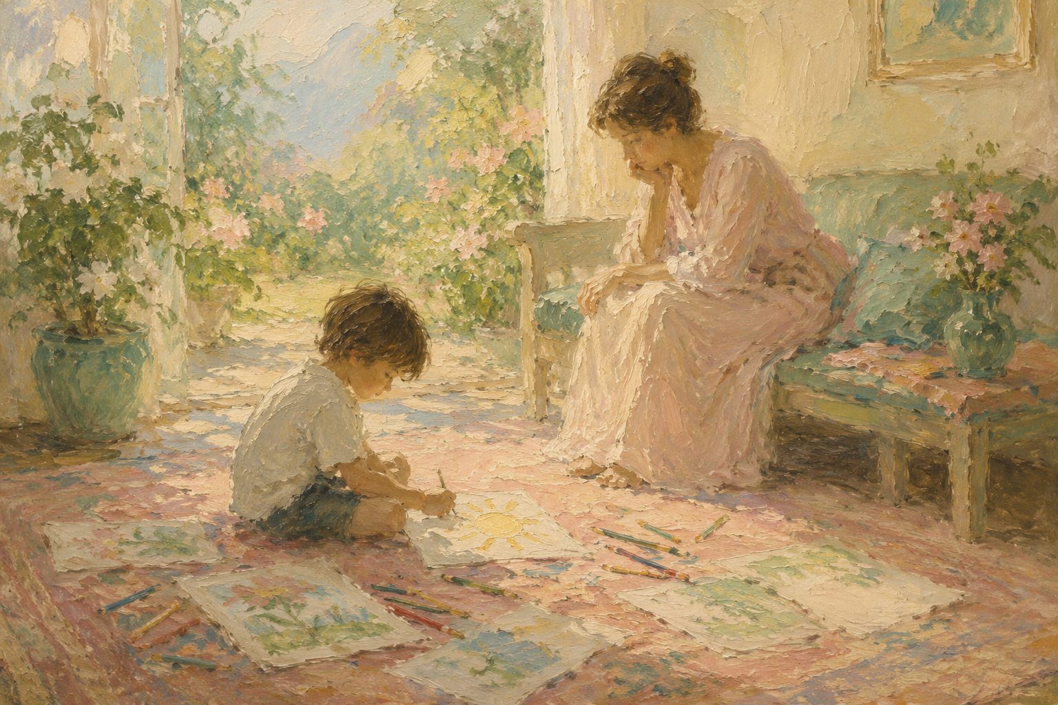 Pintura impresionista de un nino dibujando, ilustracion del test CDI para evaluacion infantil
