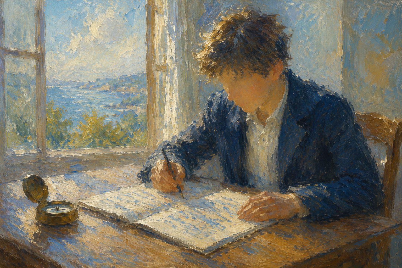 Pintura impresionista de una persona con una brujula de bronce en su escritorio, ilustracion del test de coeficiente intelectual gratis