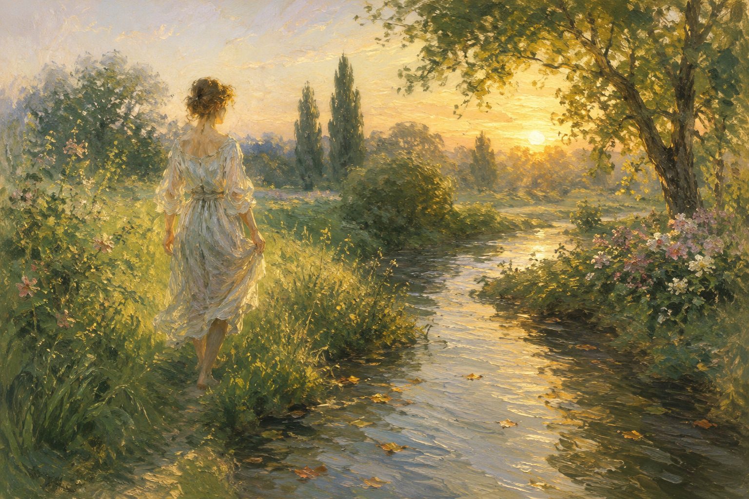 Pintura impresionista de una mujer caminando junto a un arroyo al amanecer, ilustracion del test de estres gratis
