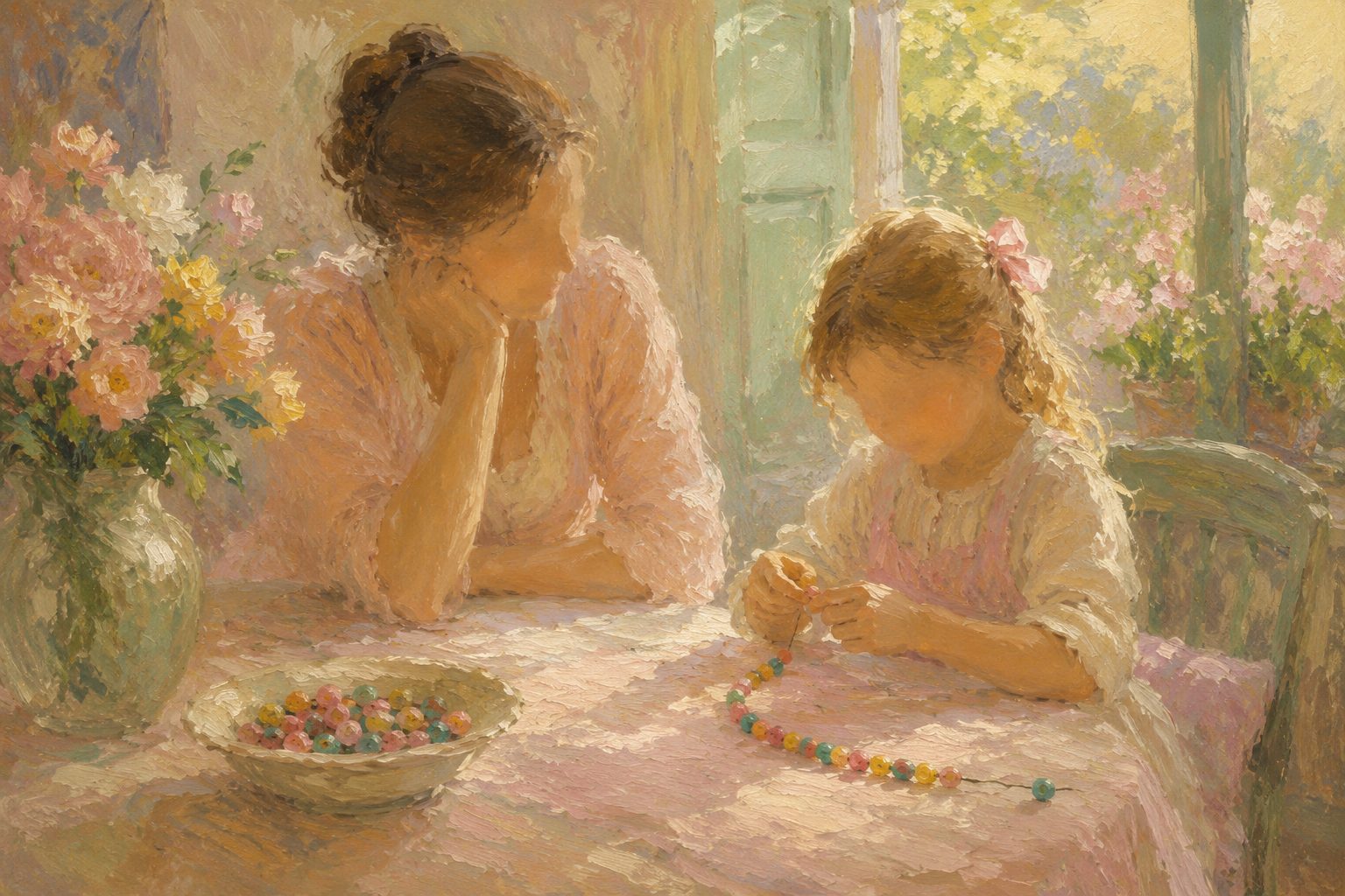 Pintura impresionista de una madre observando a su hijo armar un collar de cuentas, ilustracion del test de IQ para ninos