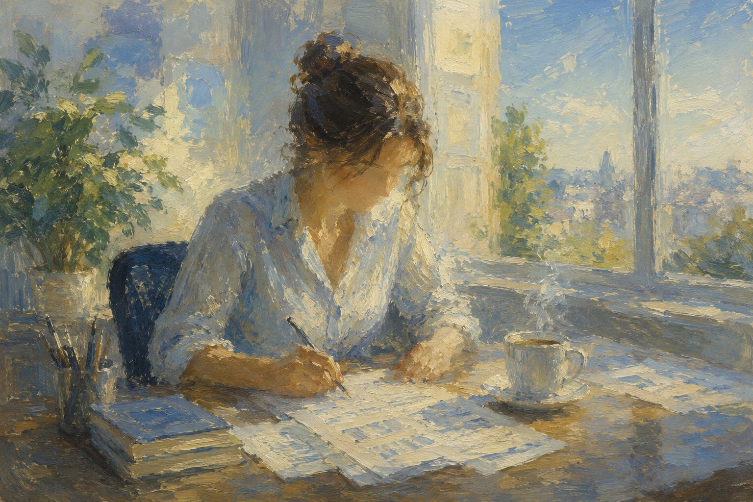 Pintura impresionista de una persona respondiendo un cuestionario en la oficina, ilustracion del test de estres laboral gratis