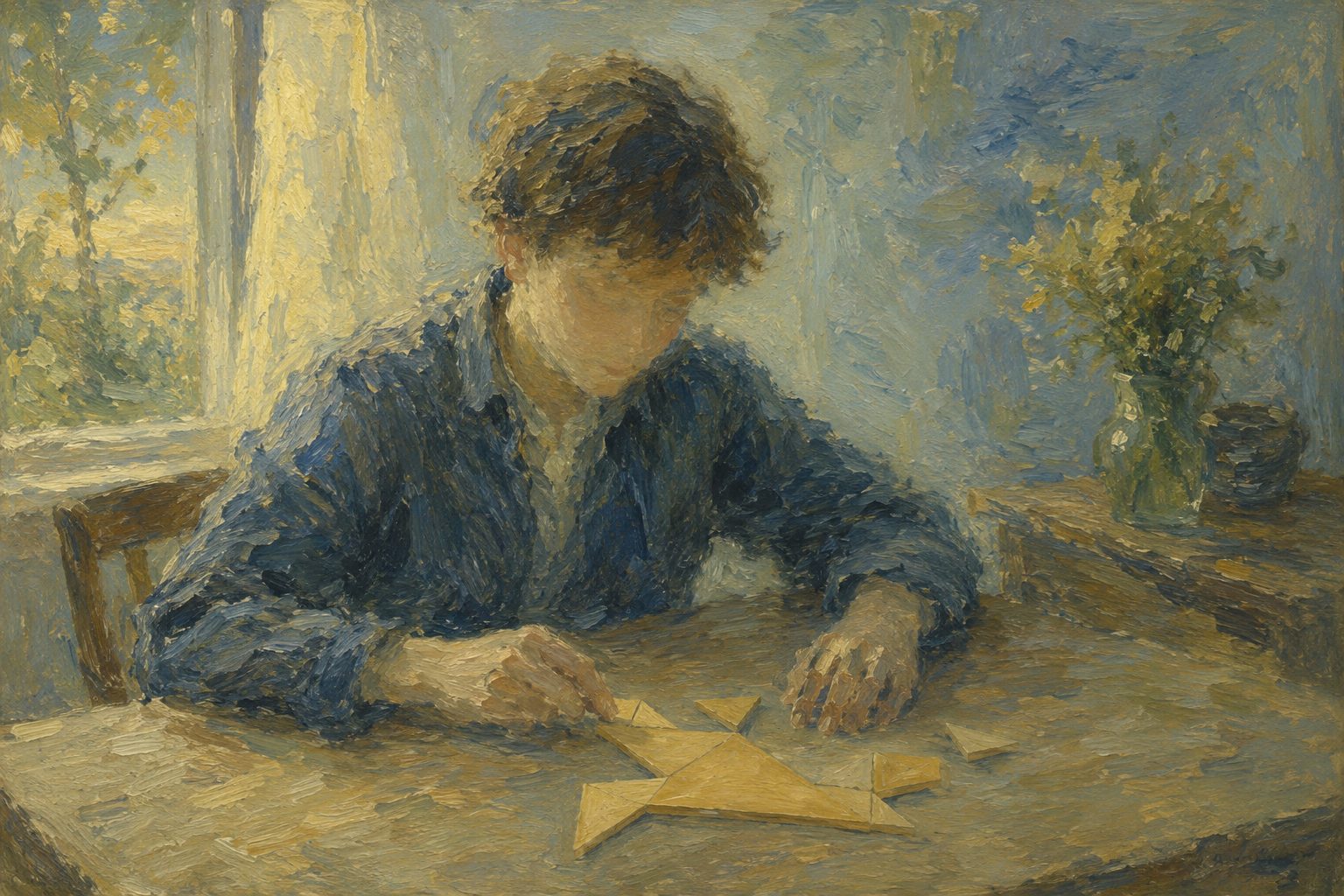 Pintura impresionista de un adolescente resolviendo un tangram, ilustracion del test de IQ para ninos de 13 anos