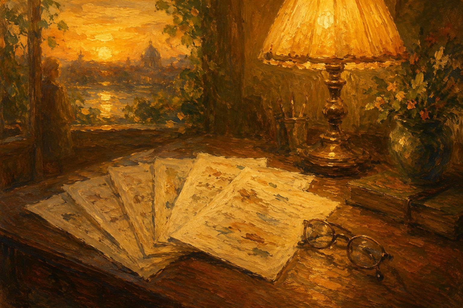 Pintura impresionista de un escritorio con cuestionarios y lampara calida, ilustracion del test Big Five para adultos