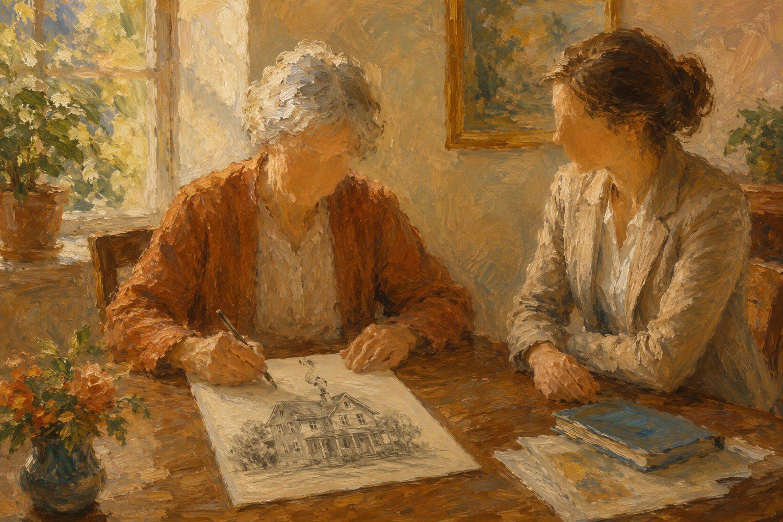 Pintura impresionista de un adulto mayor dibujando en consulta, tests cognitivos para adultos mayores
