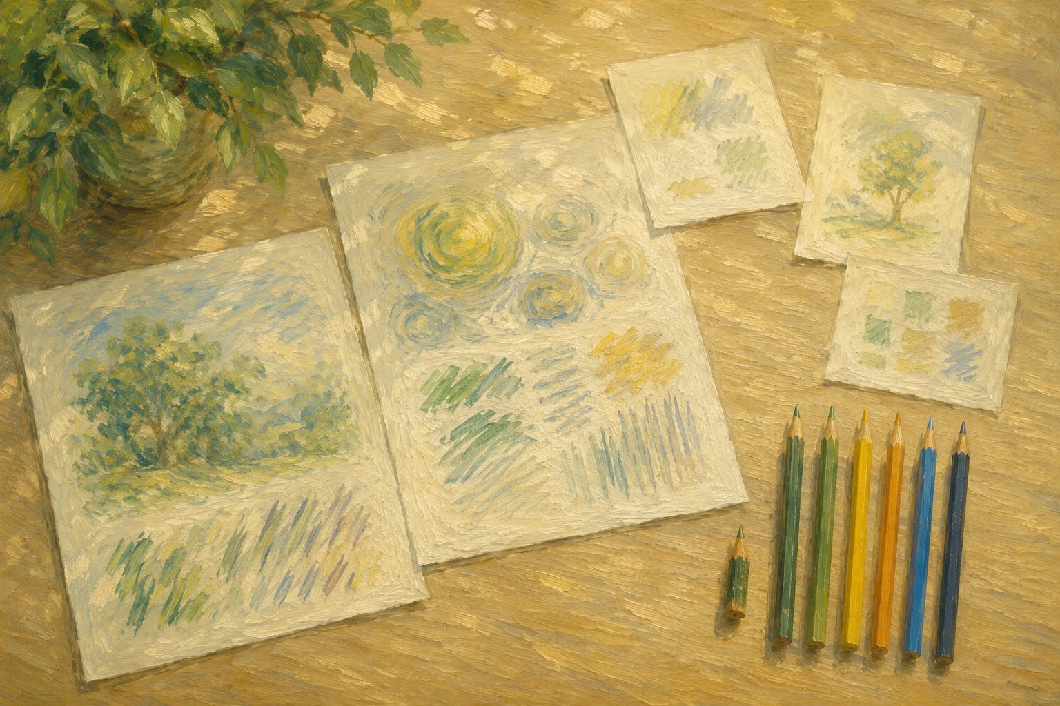 Pintura impresionista de hojas de ejercicios y lapices de colores, ilustracion de tests de atencion en PDF por edades