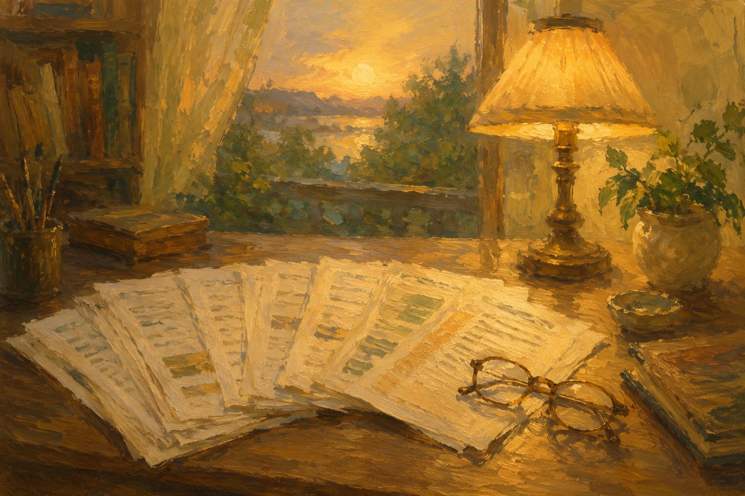 Pintura impresionista de un escritorio con cuestionarios, ilustracion de tests psicologicos online