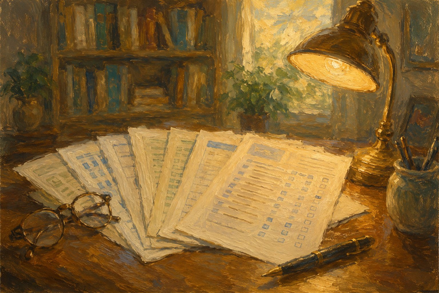 Pintura impresionista del escritorio de un psicólogo con cuestionarios, ilustración de tests de trastornos de personalidad