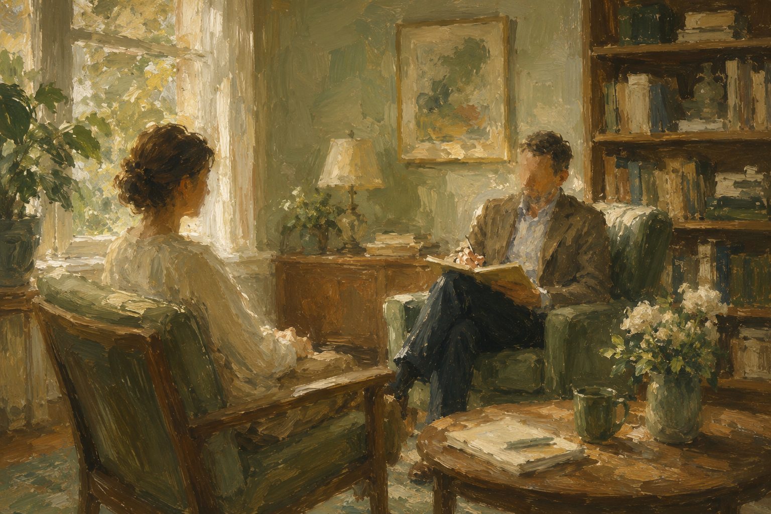 Pintura impresionista de una consulta psicologica acogedora, ilustracion sobre los tipos de trastornos de personalidad