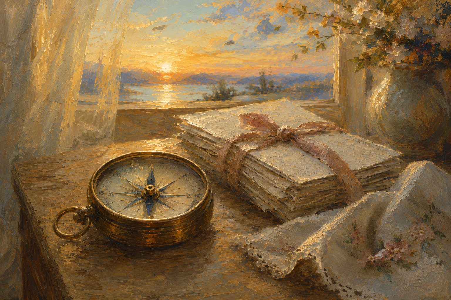 Pintura impresionista de una brujula y cartas familiares al amanecer, sobre el tratamiento del delirium
