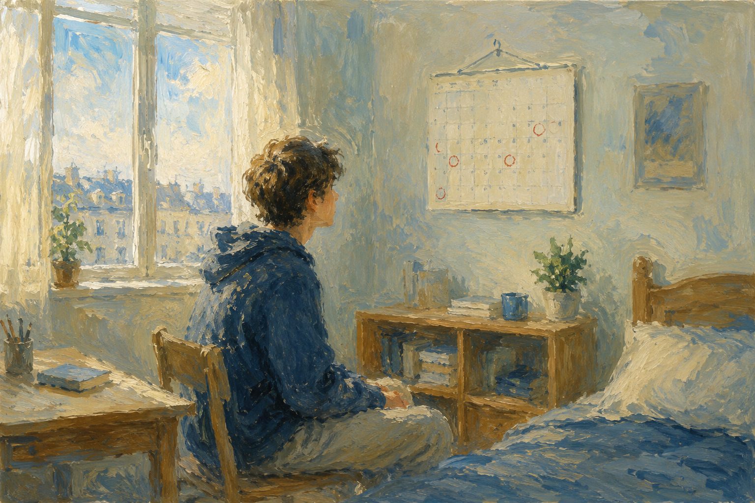 Pintura impresionista de un adolescente mirando un calendario, ilustracion del tratamiento de la enuresis en adolescentes