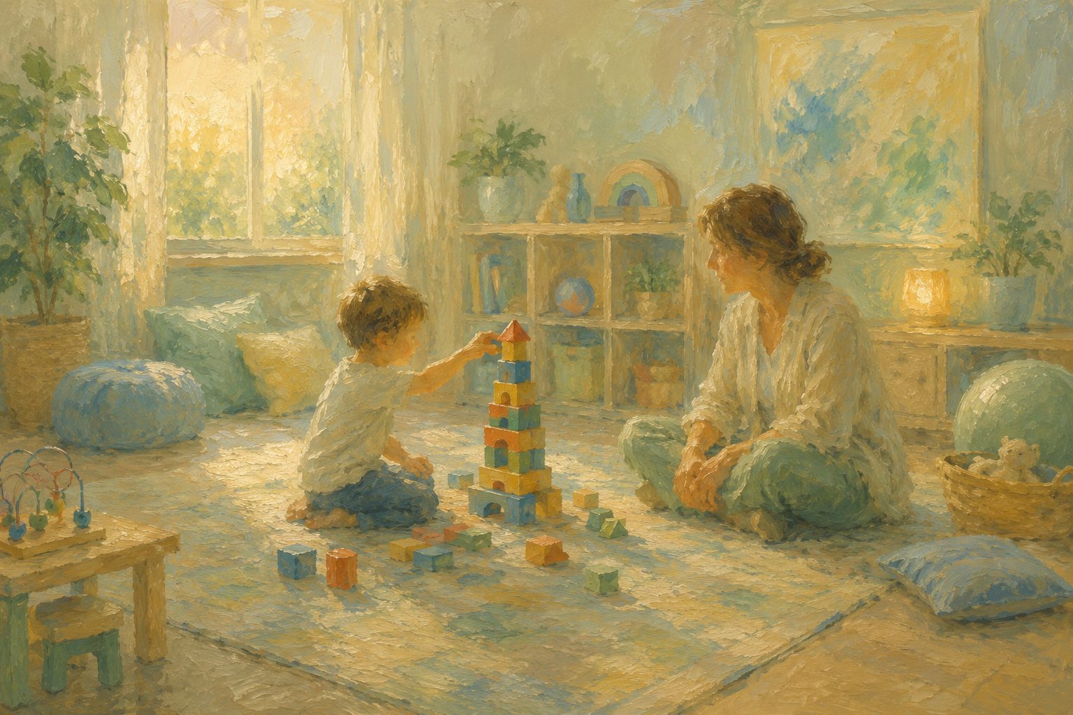 Pintura impresionista de un nino jugando con bloques, ilustracion sobre el tratamiento psicologico para victimas de bullying