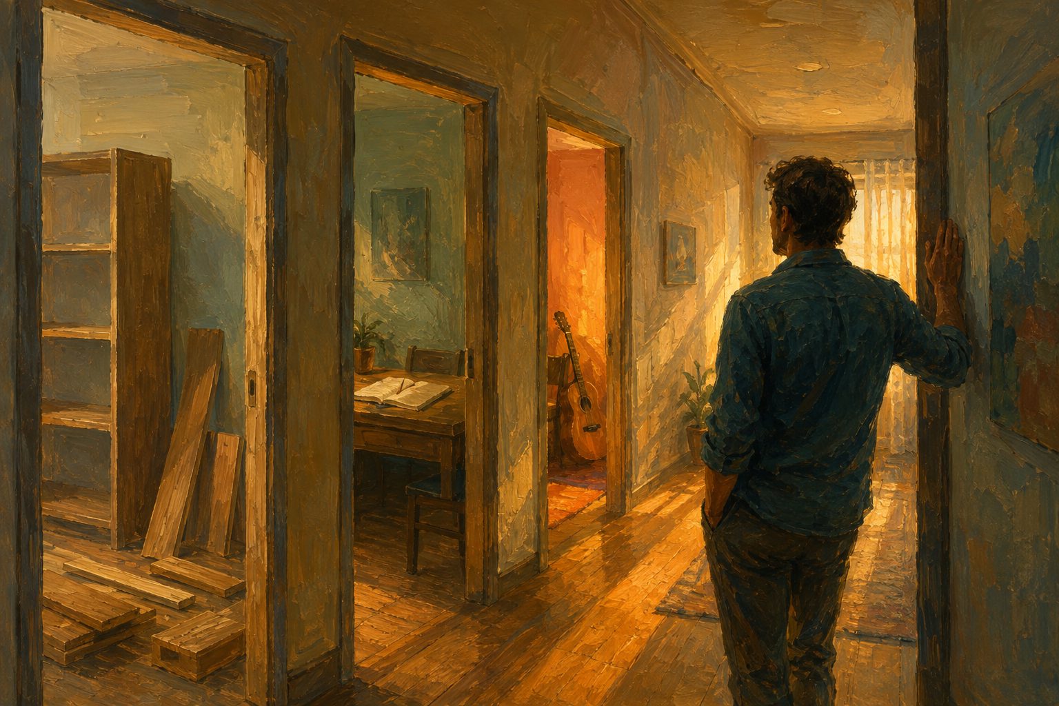 Pintura impresionista de un pasillo con tres actividades dejadas a medio terminar, sintomas de TDAH en adultos