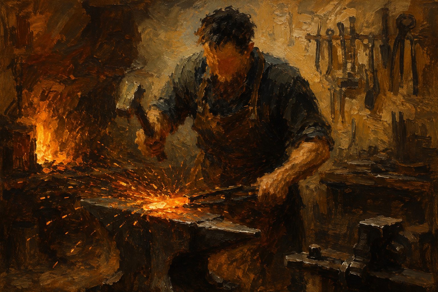 Pintura impresionista de un herrero dando forma a metal al rojo vivo en su fragua, adaptabilidad laboral