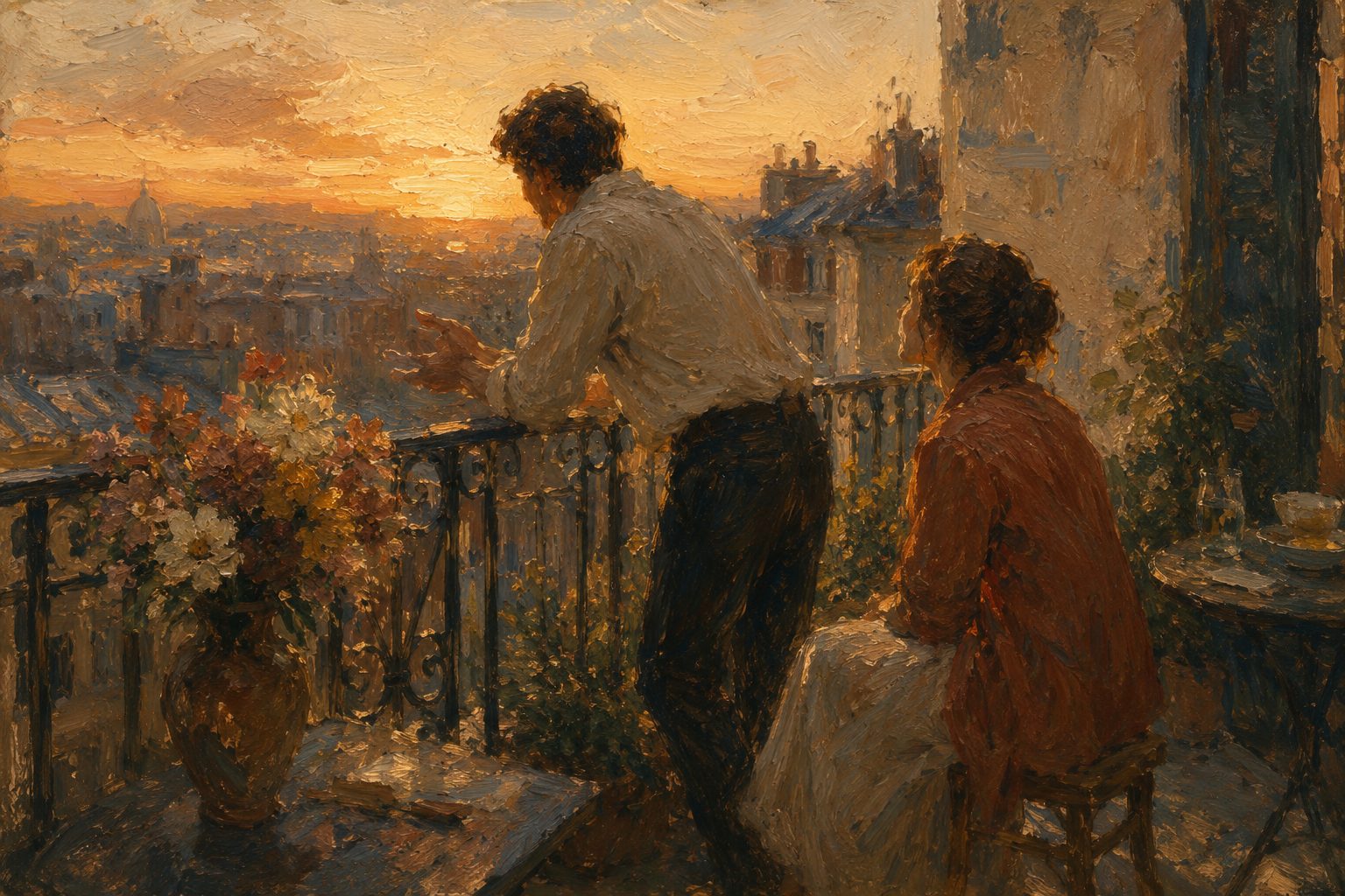 Pintura impresionista de dos personas en un balcon al anochecer buscando las palabras, sobre la alexitimia