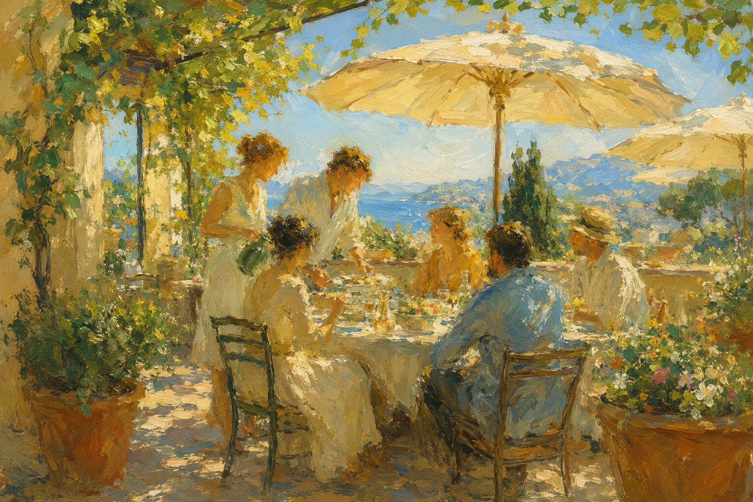 Pintura impresionista de un grupo almorzando junto en una terraza, definicion y tipos de clima laboral