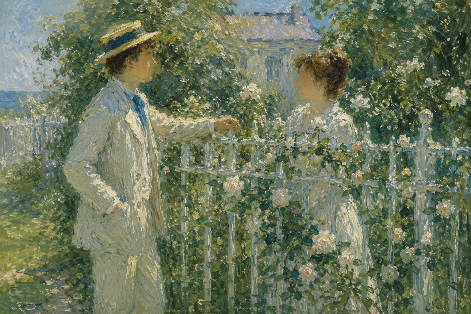 Pintura impresionista de dos personas conversando junto a una reja con rosales, comunicacion asertiva