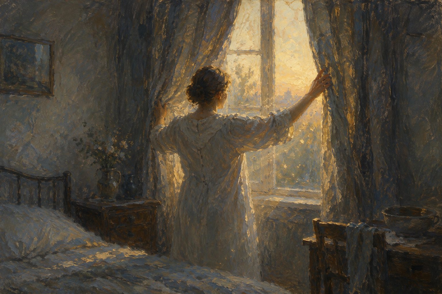 Pintura impresionista de una persona abriendo las cortinas al amanecer, guia completa sobre la depresion