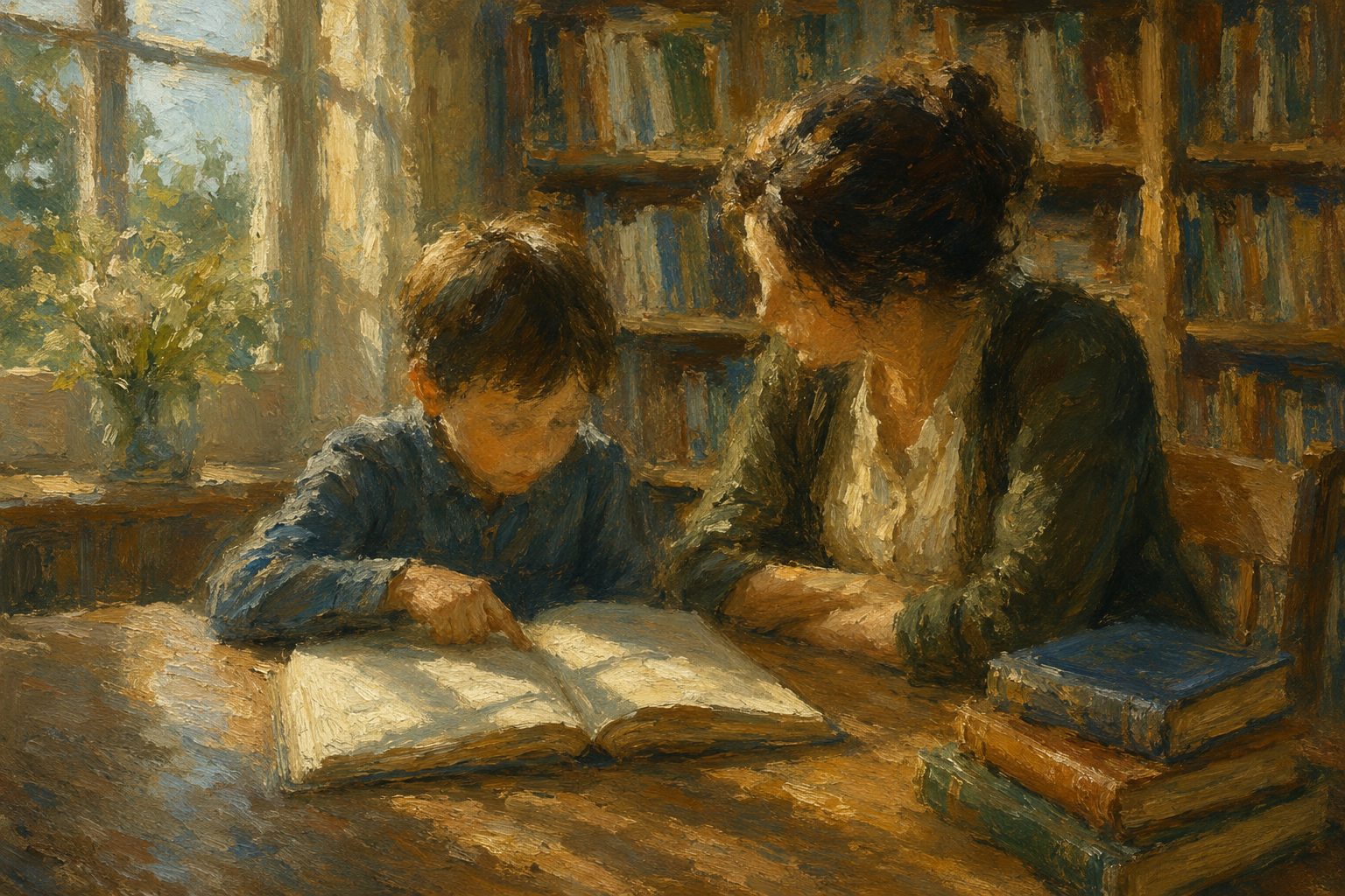 Pintura impresionista de una profesora acompañando a un niño mientras lee en la biblioteca escolar, sobre dificultades específicas del aprendizaje y el Decreto 170