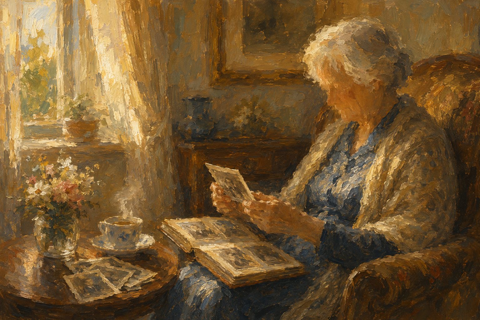 Pintura impresionista de una persona mayor mirando fotografias antiguas con calidez, deterioro cognitivo leve