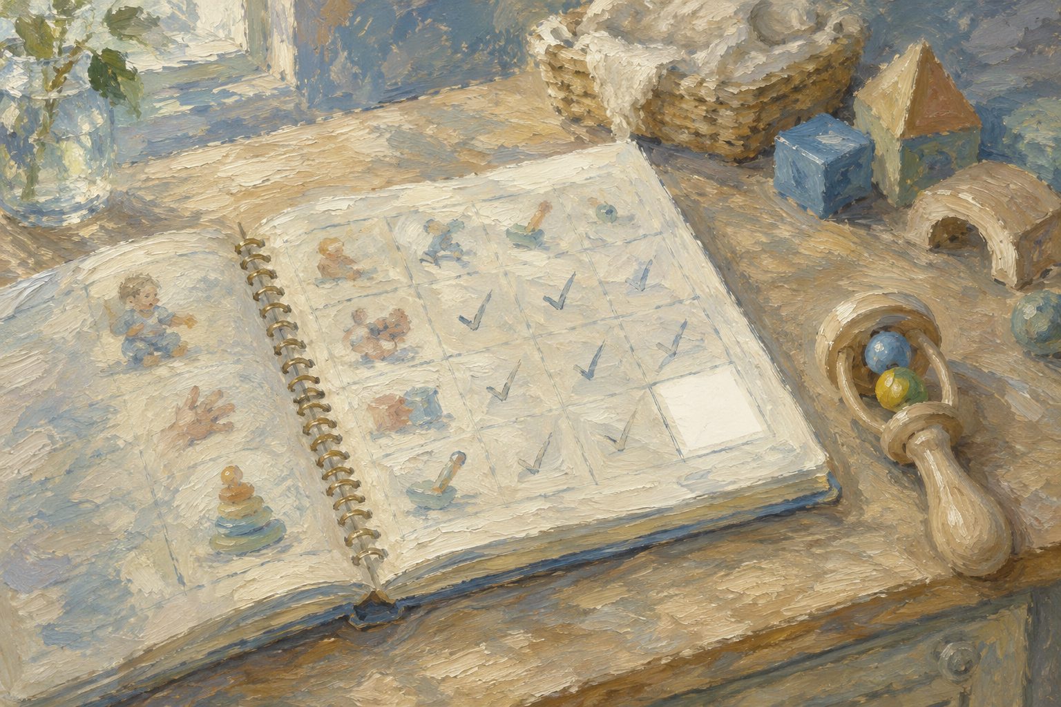 Bodegon impresionista de un cuaderno de hitos del desarrollo, ilustracion sobre la EEDP de desarrollo psicomotor