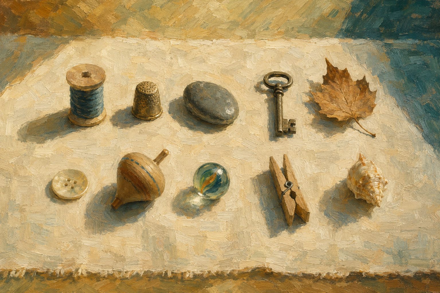 Pintura impresionista de diez objetos distintos alineados sobre lino, ejemplos de dificultades de aprendizaje