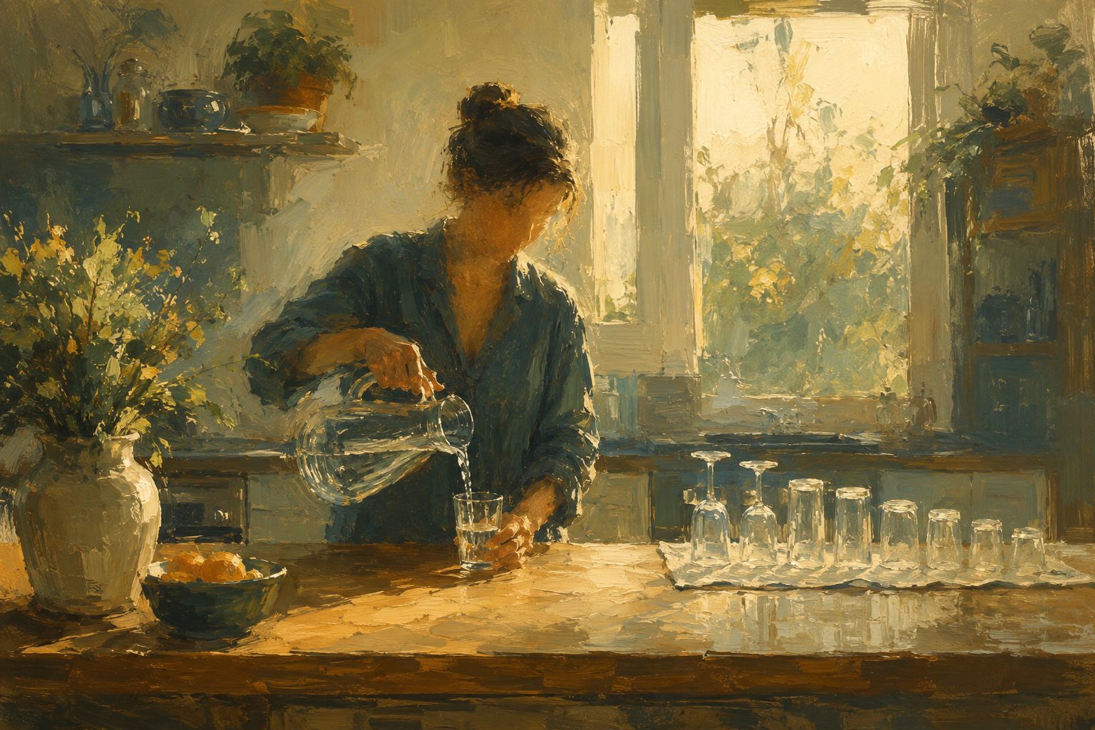 Pintura impresionista de una cocina al amanecer con vasos ordenados en fila, sobre la evaluacion del consumo de alcohol